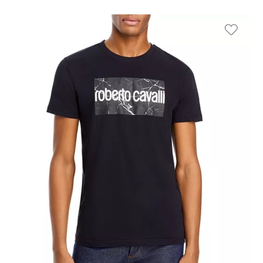 Robert Cavalli Men’s Black Marble Logo Graphic Crewneck Minimalist T- Shirt Sz L